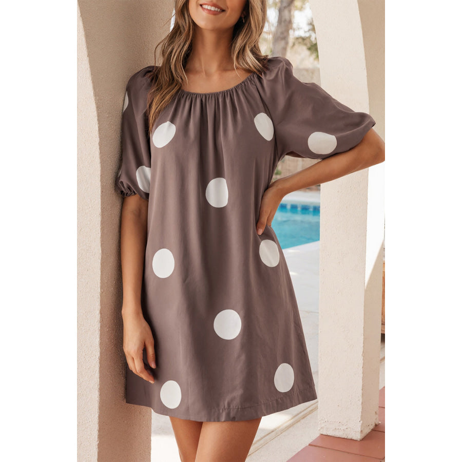 Brown Polka Dot Print Knot Back Short Puff Sleeve Loose Mini Dress Dresses/Midi Dresses