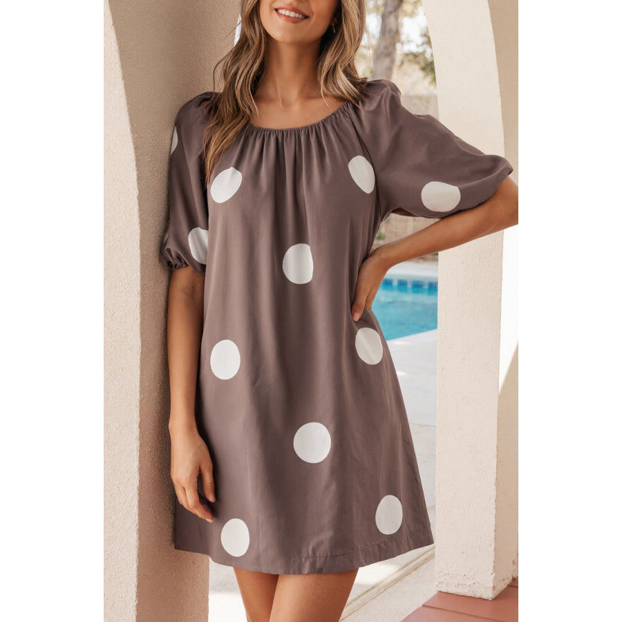 Brown Polka Dot Print Knot Back Short Puff Sleeve Loose Mini Dress Dresses/Midi Dresses