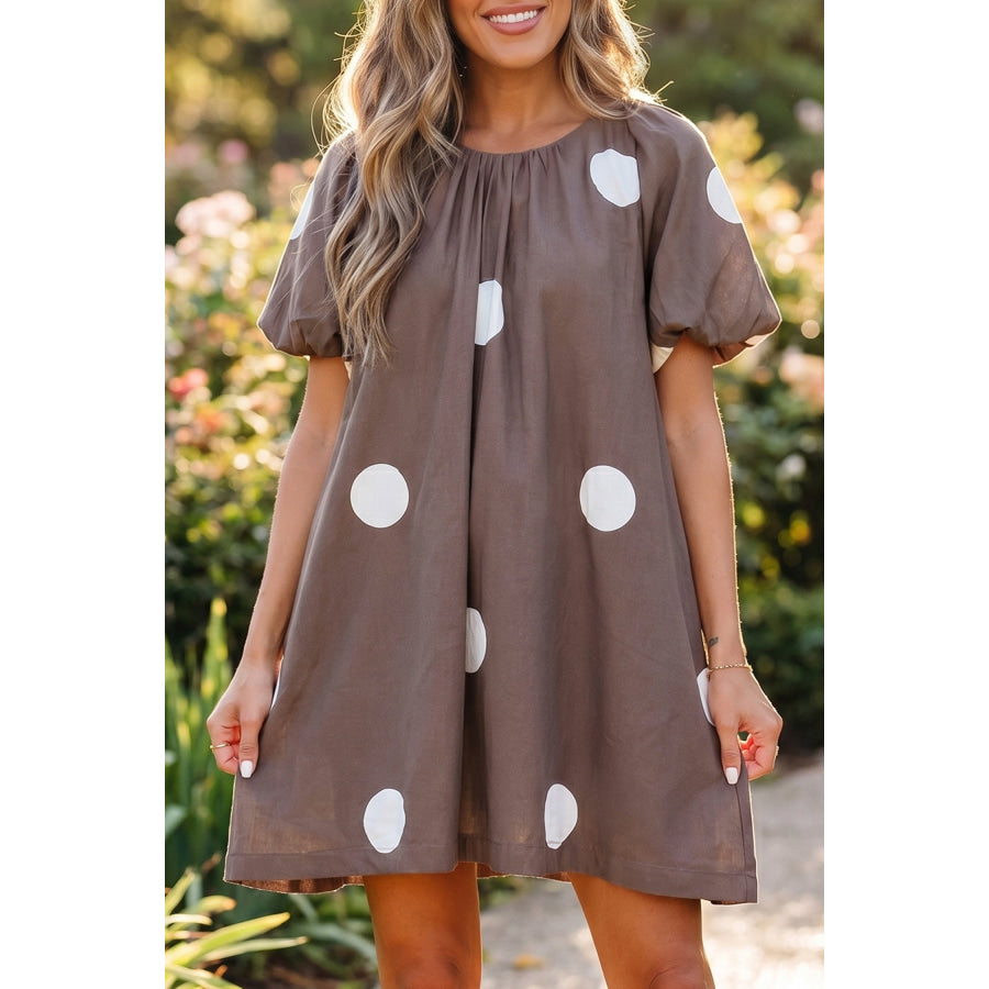 Brown Polka Dot Print Knot Back Short Puff Sleeve Loose Mini Dress Brown / S / 100% Polyester Dresses/Midi Dresses