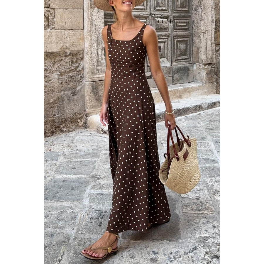 Brown Polka Dot Print Square Neck Sleeveless Vacation Long Dress Dresses/Maxi Dresses