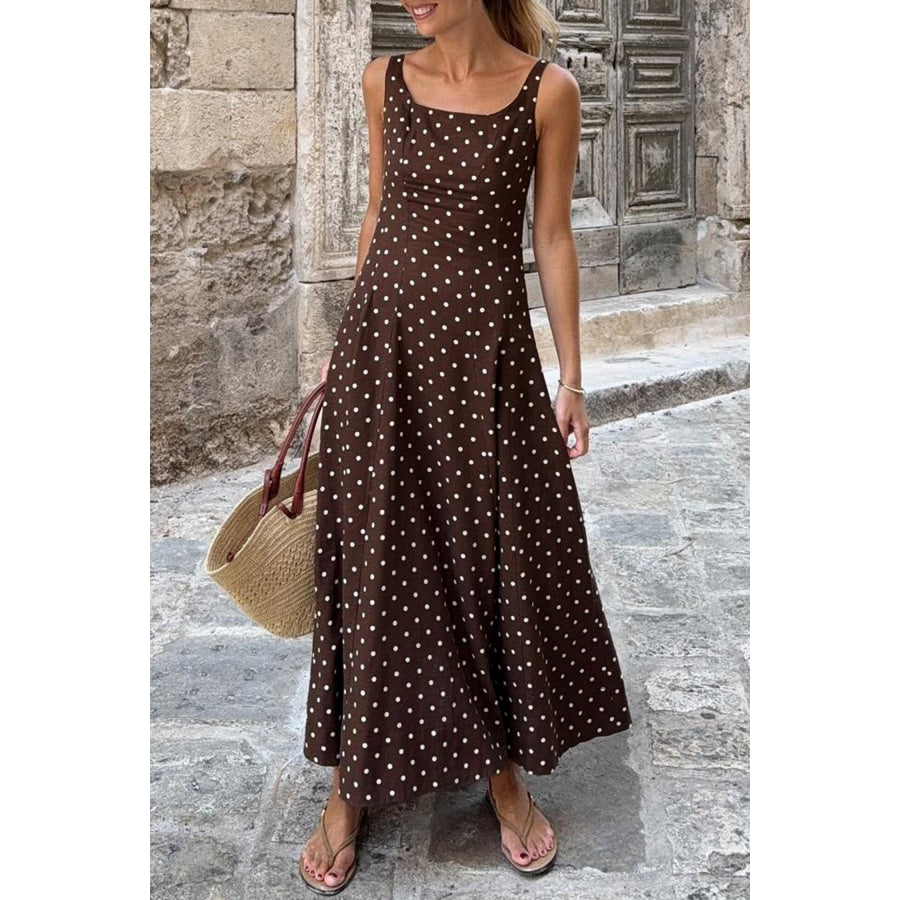 Brown Polka Dot Print Square Neck Sleeveless Vacation Long Dress Dresses/Maxi Dresses
