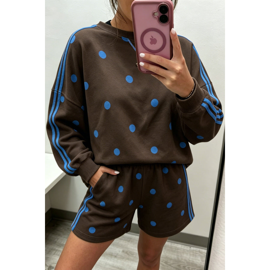 Brown Polka Dot Print Varsity Striped Detail Long Sleeve Top Short Set Brown / S Two Piece Sets/Short Sets