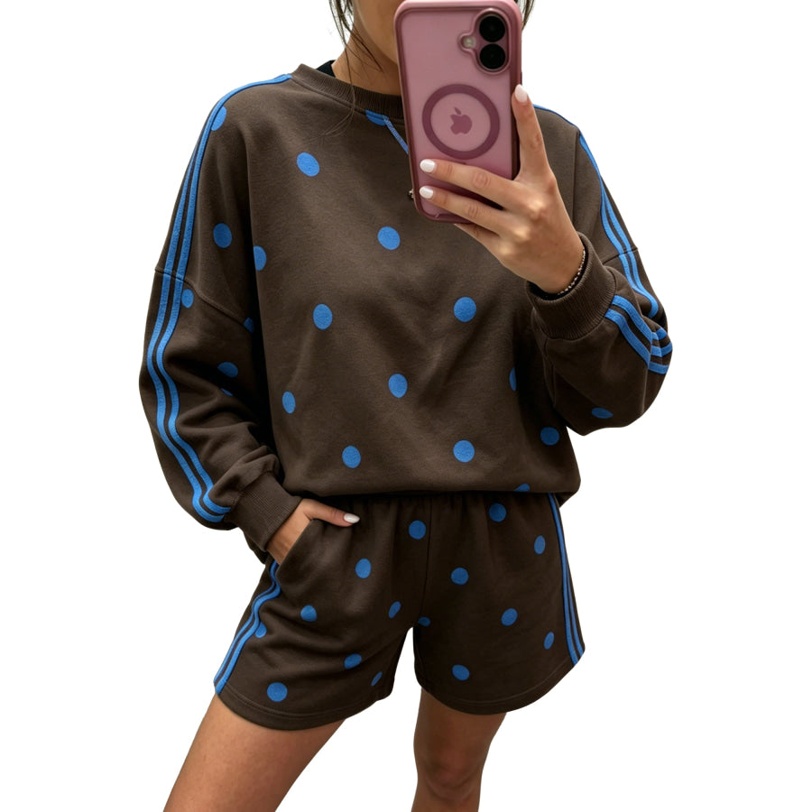 Brown Polka Dot Print Varsity Striped Detail Long Sleeve Top Short Set Two Piece Sets/Short Sets