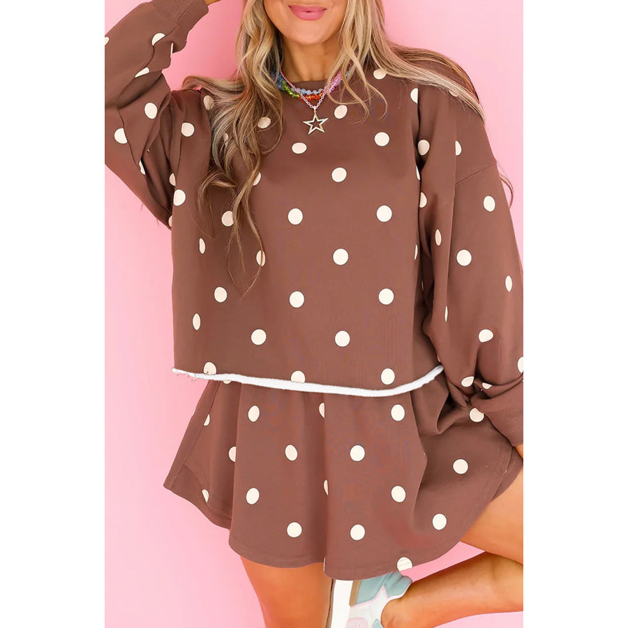 Brown Polka Dot Raw Hem Relaxed Pullover Loose Skort Two Piece Set Brown / S Two Piece Sets/Short Sets