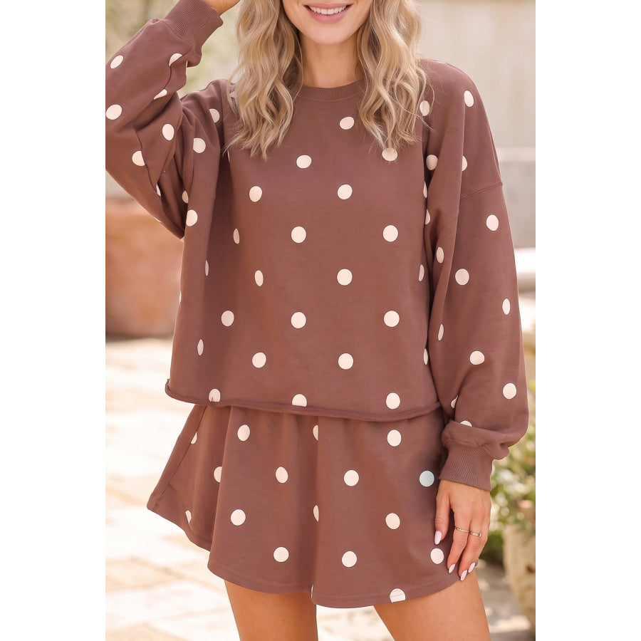 Brown Polka Dot Raw Hem Relaxed Pullover Loose Skort Two Piece Set Brown / S Two Piece Sets/Short Sets