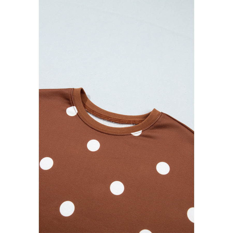 Brown Polka Dot Raw Hem Relaxed Pullover Loose Skort Two Piece Set Two Piece Sets/Short Sets