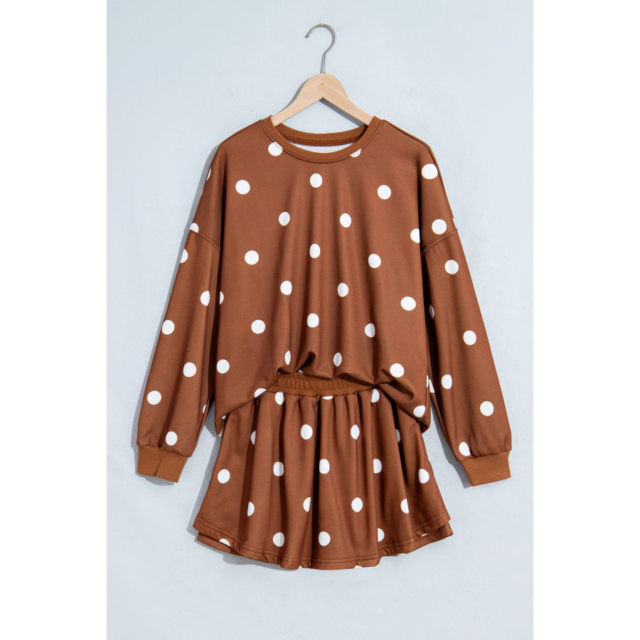 Brown Polka Dot Raw Hem Relaxed Pullover Loose Skort Two Piece Set Two Piece Sets/Short Sets