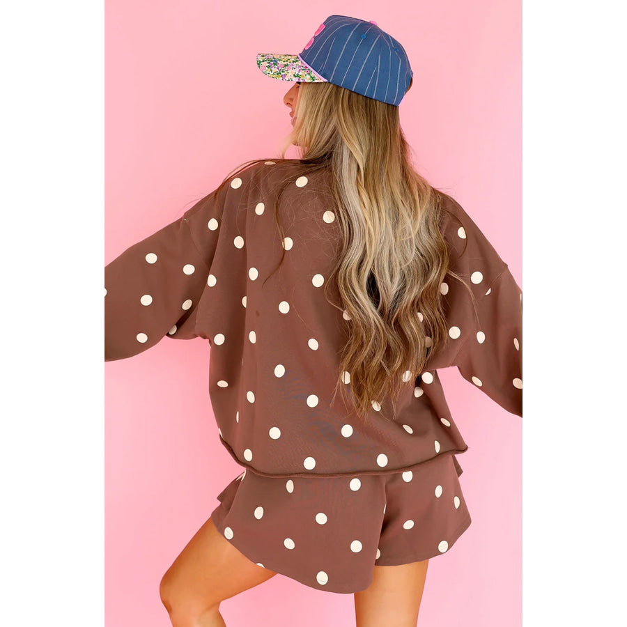 Brown Polka Dot Raw Hem Relaxed Pullover Loose Skort Two Piece Set Two Piece Sets/Short Sets