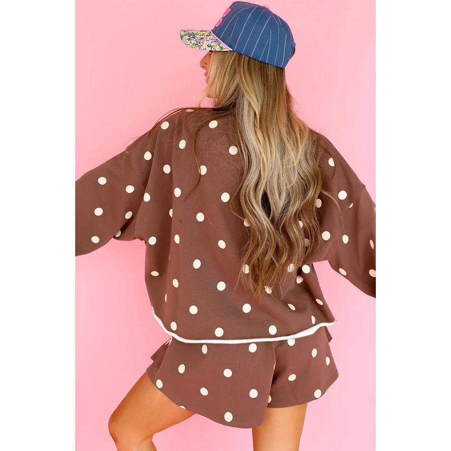 Brown Polka Dot Raw Hem Relaxed Pullover Loose Skort Two Piece Set Two Piece Sets/Short Sets