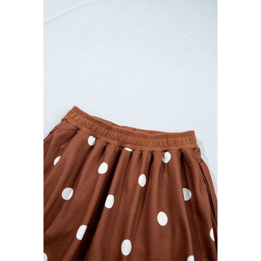Brown Polka Dot Raw Hem Relaxed Pullover Loose Skort Two Piece Set Two Piece Sets/Short Sets