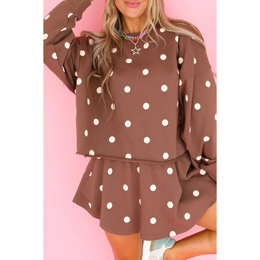 Brown Polka Dot Raw Hem Relaxed Pullover Loose Skort Two Piece Set Two Piece Sets/Short Sets