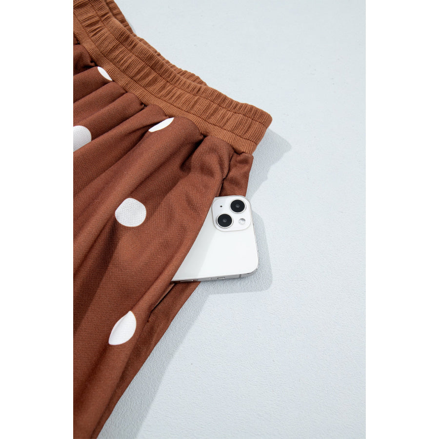 Brown Polka Dot Raw Hem Relaxed Pullover Loose Skort Two Piece Set Two Piece Sets/Short Sets