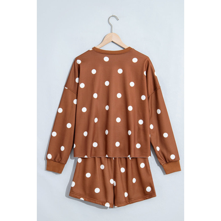Brown Polka Dot Raw Hem Relaxed Pullover Loose Skort Two Piece Set Two Piece Sets/Short Sets
