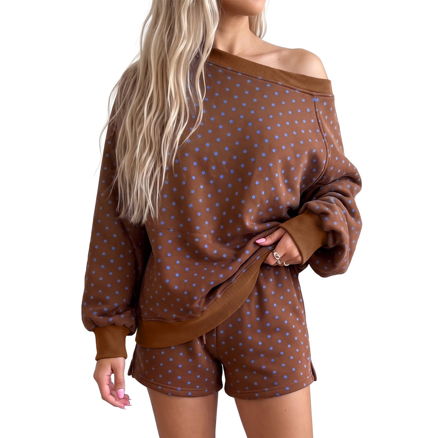 Brown Polka Dot Relaxed Long Sleeve Top Drawstring Shorts 2pcs Sets Two Piece Sets/Short