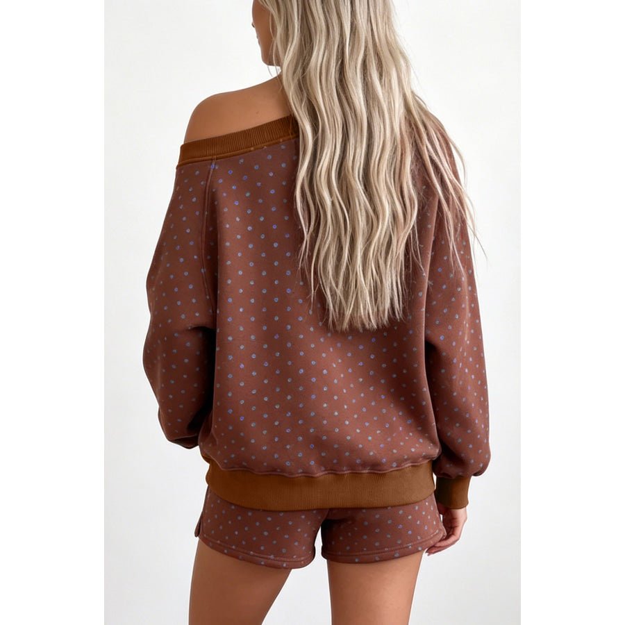 Brown Polka Dot Relaxed Long Sleeve Top Drawstring Shorts 2pcs Sets Two Piece Sets/Short