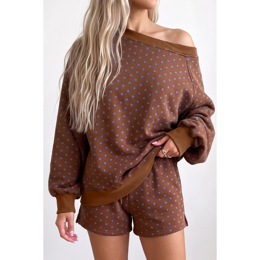 Brown Polka Dot Relaxed Long Sleeve Top Drawstring Shorts 2pcs Sets Two Piece Sets/Short