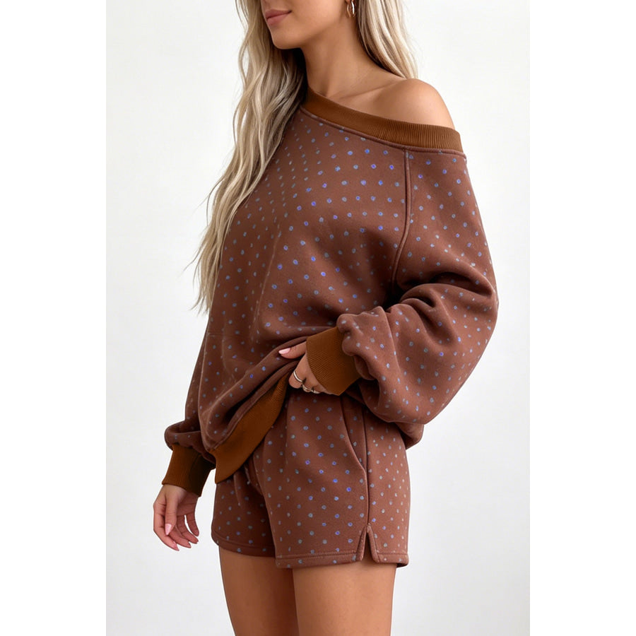 Brown Polka Dot Relaxed Long Sleeve Top Drawstring Shorts 2pcs Sets Two Piece Sets/Short