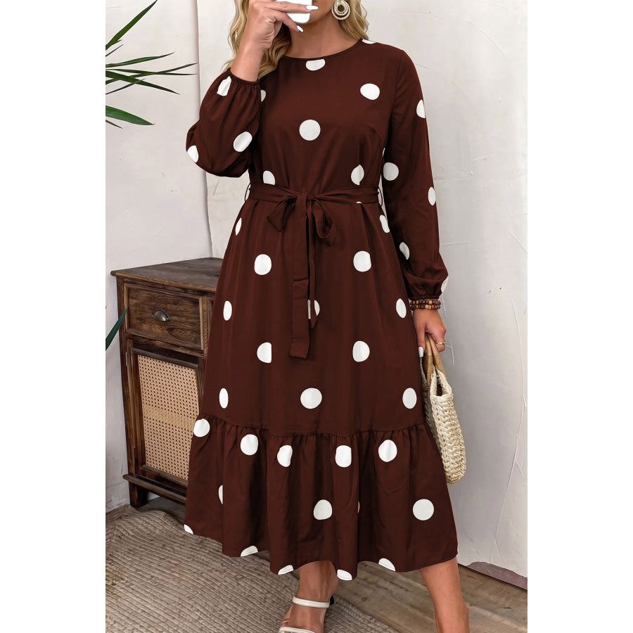 Brown Polka Dot Ruffled Hem Long Sleeve Tie Waist Plus Size Dress Size/Plus Dresses/Plus Midi Dresses