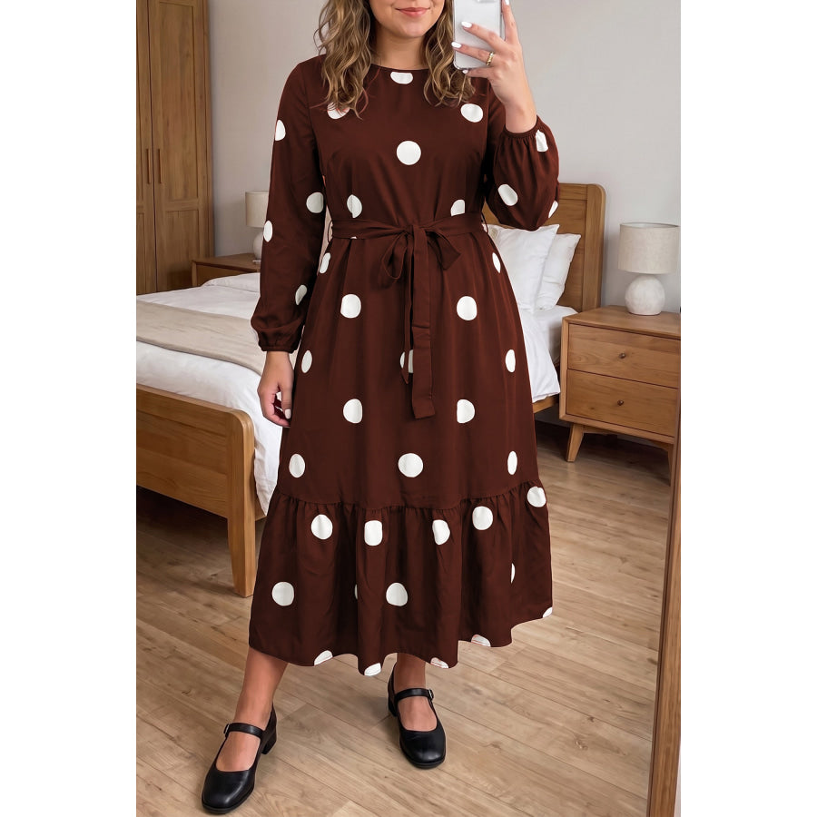 Brown Polka Dot Ruffled Hem Long Sleeve Tie Waist Plus Size Dress Plus Size/Plus Size Dresses/Plus Size Midi Dresses