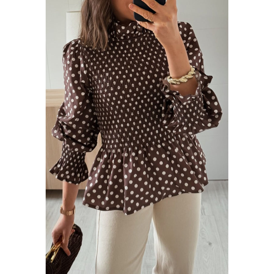 Brown Polka Dot Ruffled High Neck Shirred Ruffle Hem Blouse Brown / S Tops/Blouses & Shirts