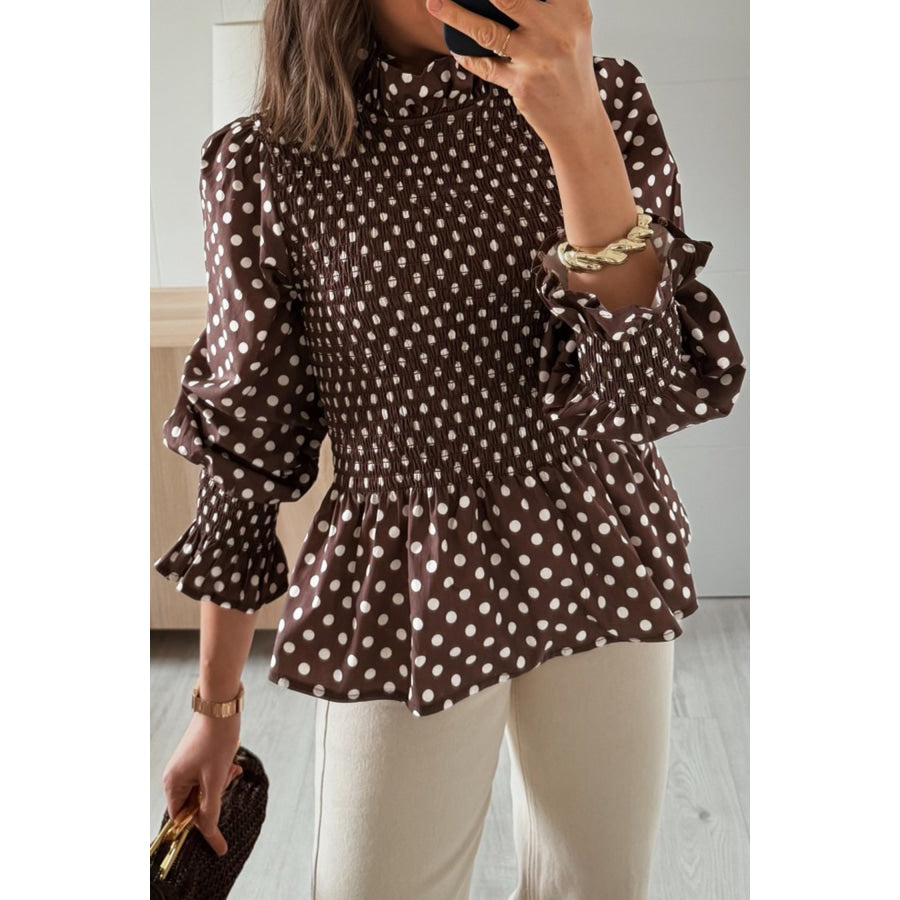 Brown Polka Dot Ruffled High Neck Shirred Ruffle Hem Blouse Tops/Blouses & Shirts