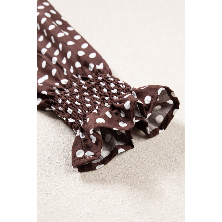 Brown Polka Dot Ruffled High Neck Shirred Ruffle Hem Blouse Tops/Blouses & Shirts