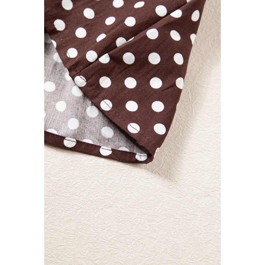 Brown Polka Dot Ruffled High Neck Shirred Ruffle Hem Blouse Tops/Blouses & Shirts