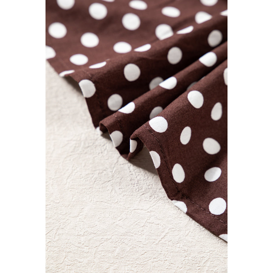 Brown Polka Dot Ruffled High Neck Shirred Ruffle Hem Blouse Tops/Blouses & Shirts