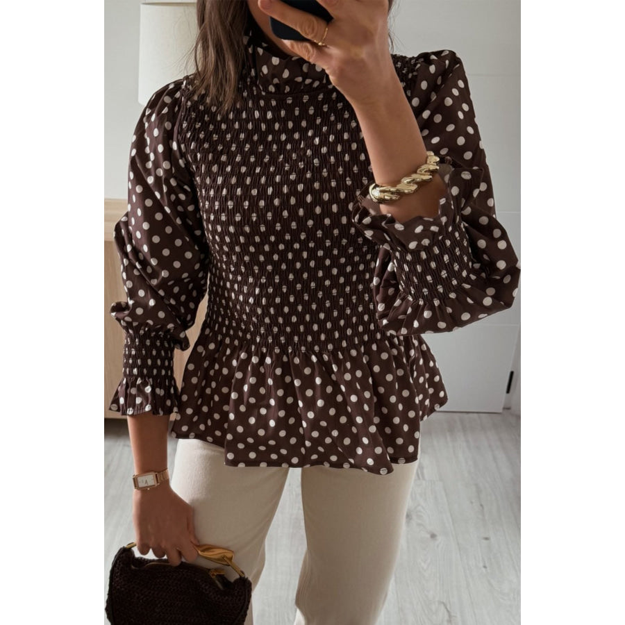 Brown Polka Dot Ruffled High Neck Shirred Ruffle Hem Blouse Tops/Blouses & Shirts