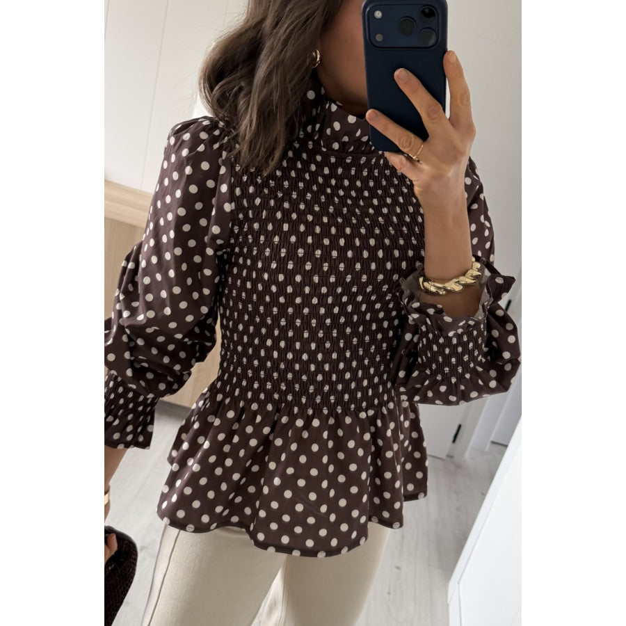 Brown Polka Dot Ruffled High Neck Shirred Ruffle Hem Blouse Tops/Blouses & Shirts