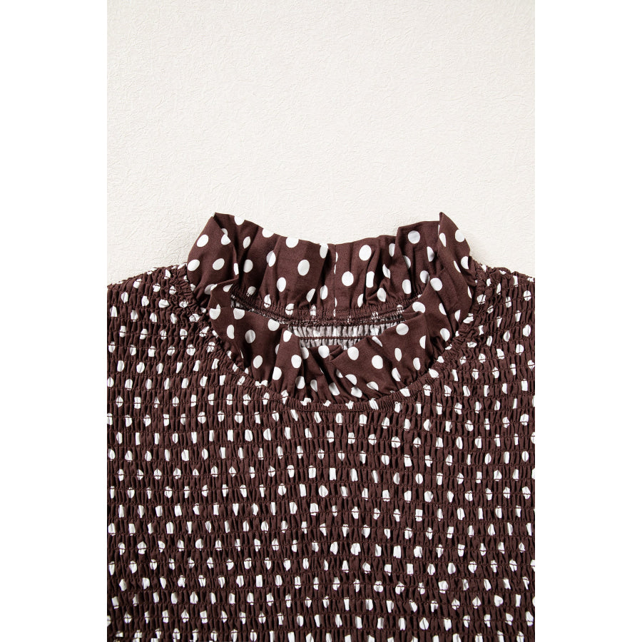 Brown Polka Dot Ruffled High Neck Shirred Ruffle Hem Blouse Tops/Blouses & Shirts