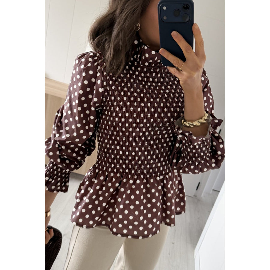 Brown Polka Dot Ruffled High Neck Shirred Ruffle Hem Blouse Tops/Blouses & Shirts