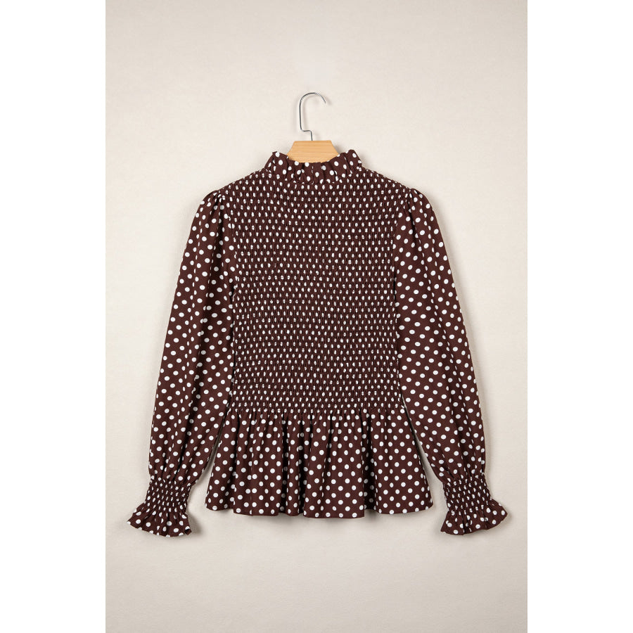 Brown Polka Dot Ruffled High Neck Shirred Ruffle Hem Blouse Tops/Blouses & Shirts
