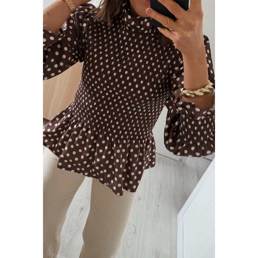 Brown Polka Dot Ruffled High Neck Shirred Ruffle Hem Blouse Tops/Blouses & Shirts