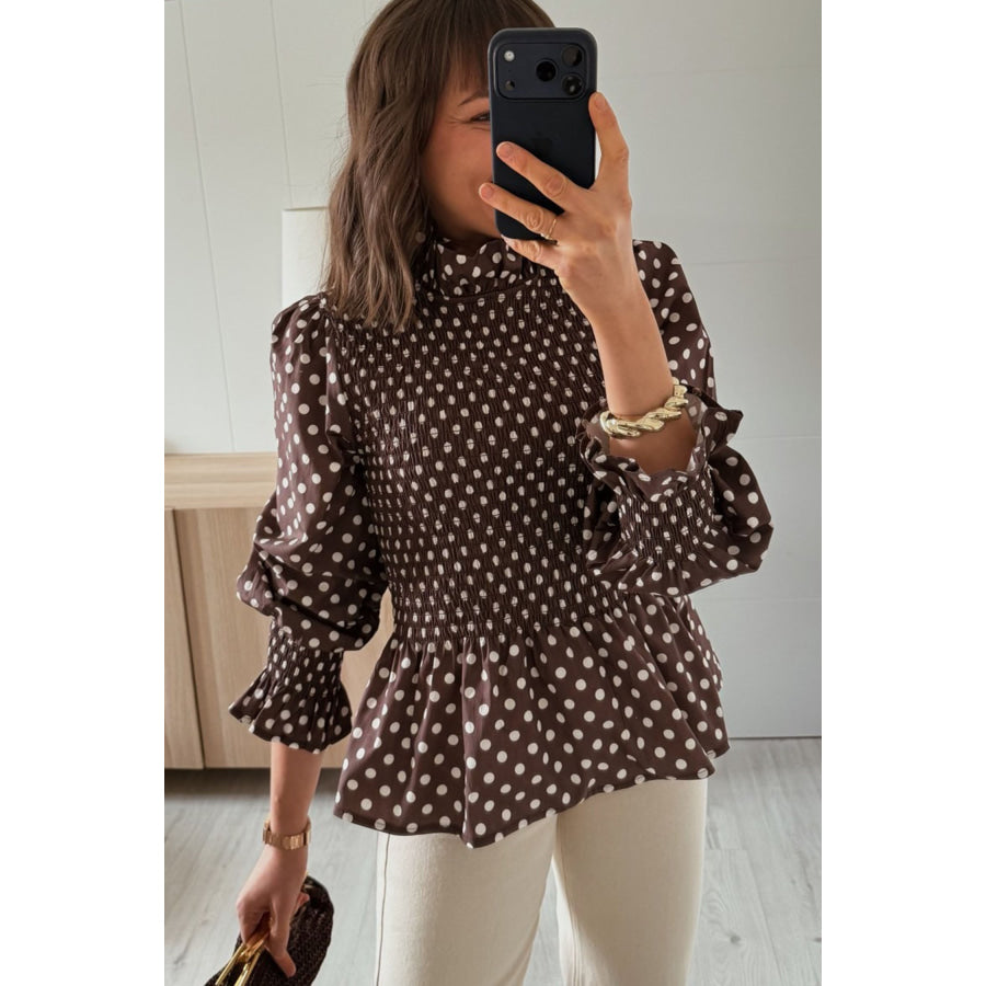 Brown Polka Dot Ruffled High Neck Shirred Ruffle Hem Blouse Tops/Blouses & Shirts