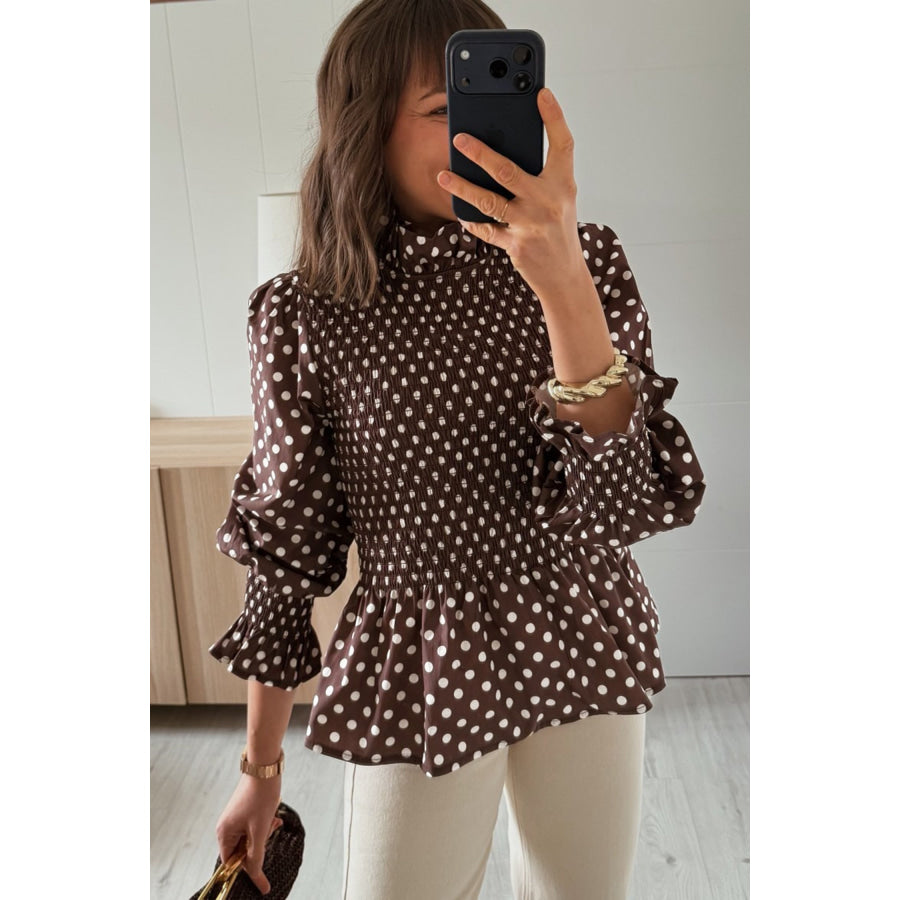 Brown Polka Dot Ruffled High Neck Shirred Ruffle Hem Blouse Tops/Blouses & Shirts