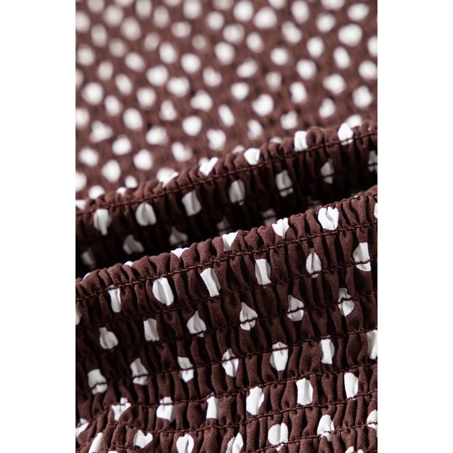 Brown Polka Dot Ruffled High Neck Shirred Ruffle Hem Blouse Tops/Blouses & Shirts