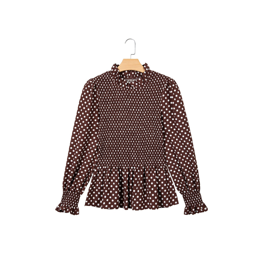 Brown Polka Dot Ruffled High Neck Shirred Ruffle Hem Blouse Tops/Blouses & Shirts