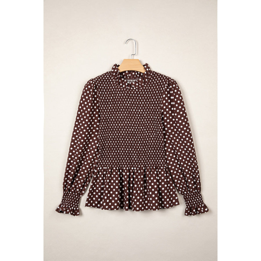 Brown Polka Dot Ruffled High Neck Shirred Ruffle Hem Blouse Tops/Blouses & Shirts