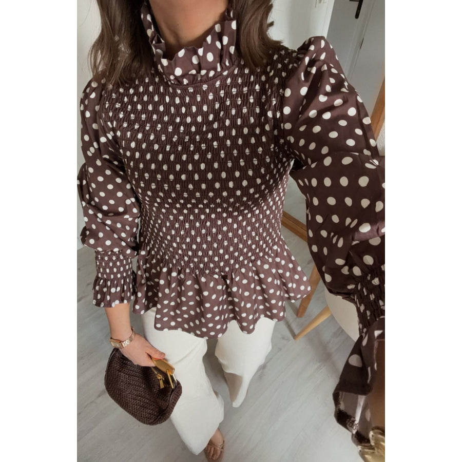 Brown Polka Dot Ruffled High Neck Shirred Ruffle Hem Blouse Brown / S Tops/Blouses & Shirts