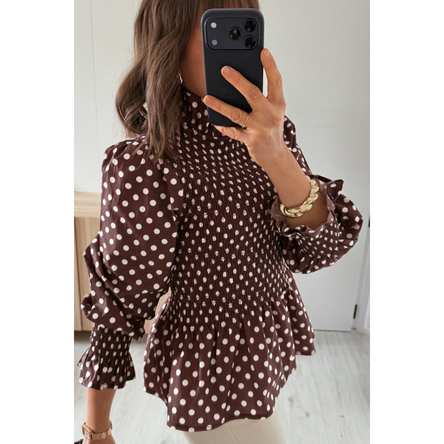 Brown Polka Dot Ruffled High Neck Shirred Ruffle Hem Blouse Tops/Blouses & Shirts