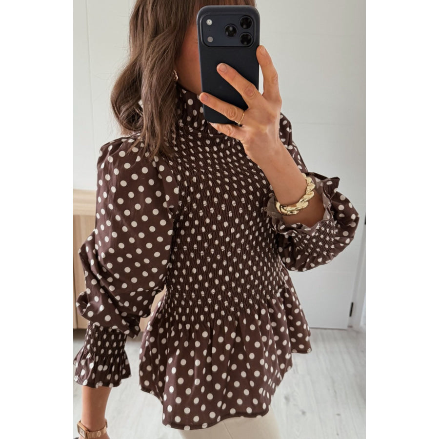 Brown Polka Dot Ruffled High Neck Shirred Ruffle Hem Blouse Tops/Blouses & Shirts