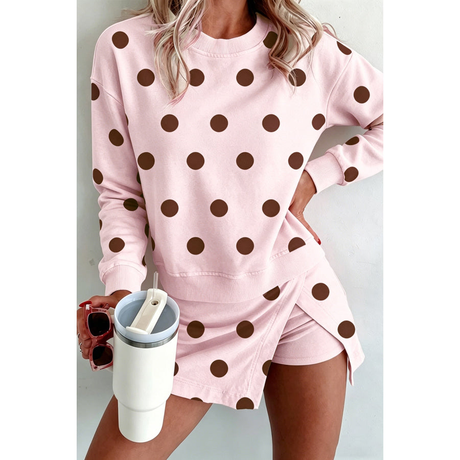 Brown Polka Dot Two Piece Set Long Sleeve Casual Skirt Set Two Piece Sets/Two Piece Dresses