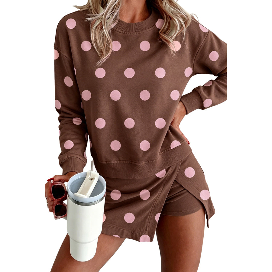 Brown Polka Dot Two Piece Set Long Sleeve Casual Skirt Set Two Piece Sets/Two Piece Dresses