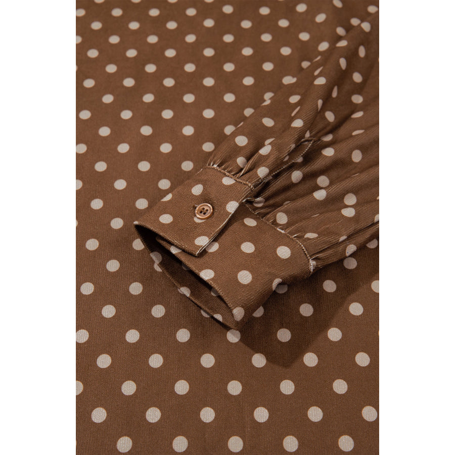 Brown Polka Dot V Neck Long Sleeve Button Shift Dress Dresses/Mini Dresses