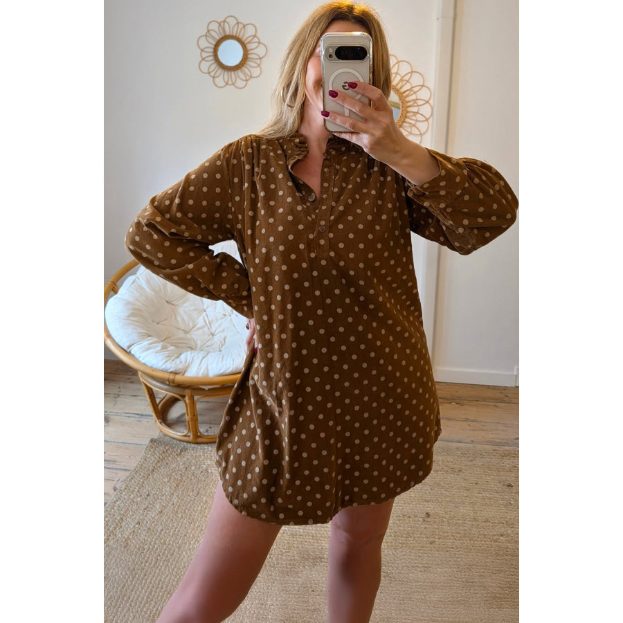 Brown Polka Dot V Neck Long Sleeve Button Shift Dress Dresses/Mini Dresses