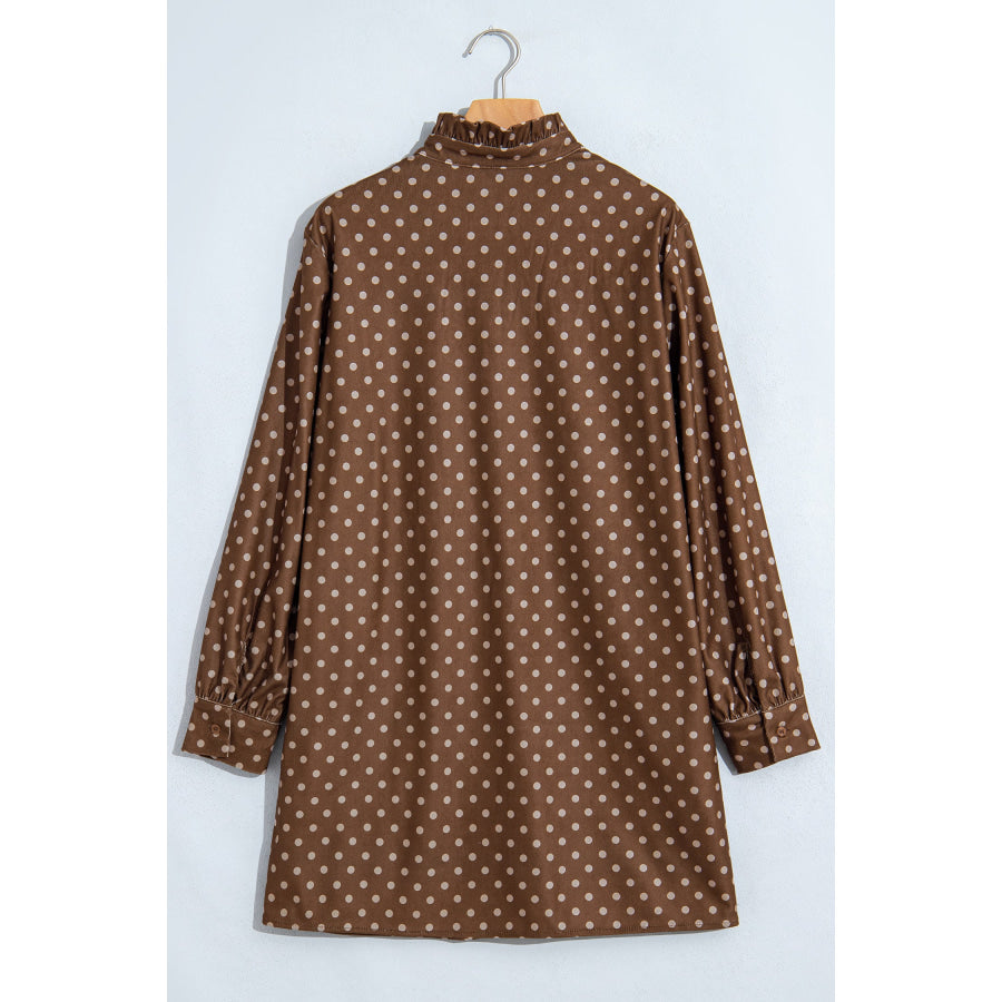 Brown Polka Dot V Neck Long Sleeve Button Shift Dress Dresses/Mini Dresses