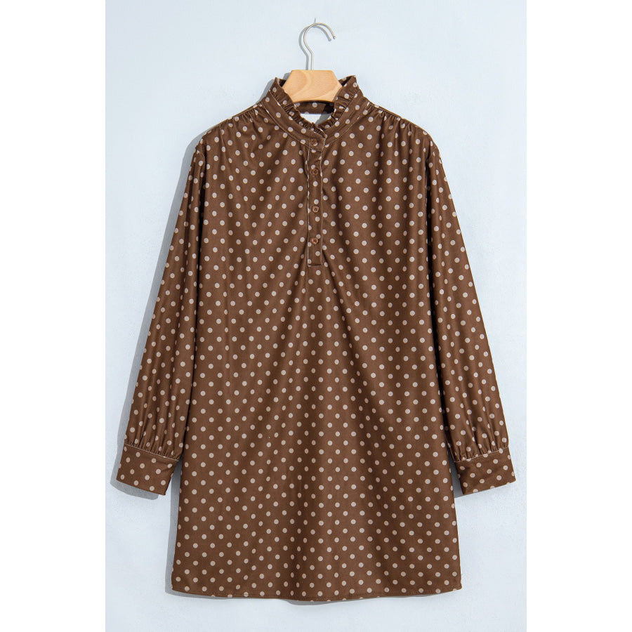 Brown Polka Dot V Neck Long Sleeve Button Shift Dress Dresses/Mini Dresses
