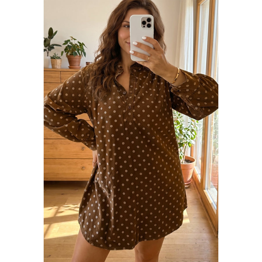 Brown Polka Dot V Neck Long Sleeve Button Shift Dress Dresses/Mini Dresses