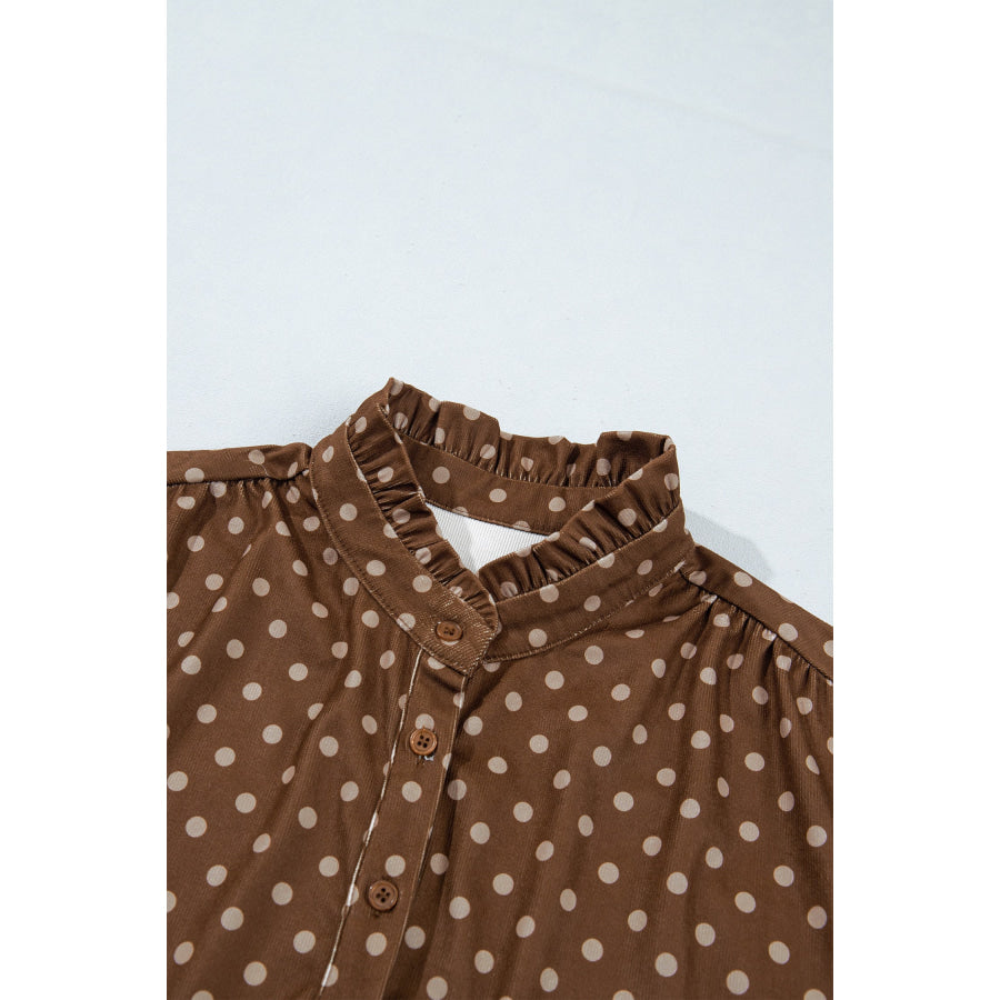 Brown Polka Dot V Neck Long Sleeve Button Shift Dress Dresses/Mini Dresses